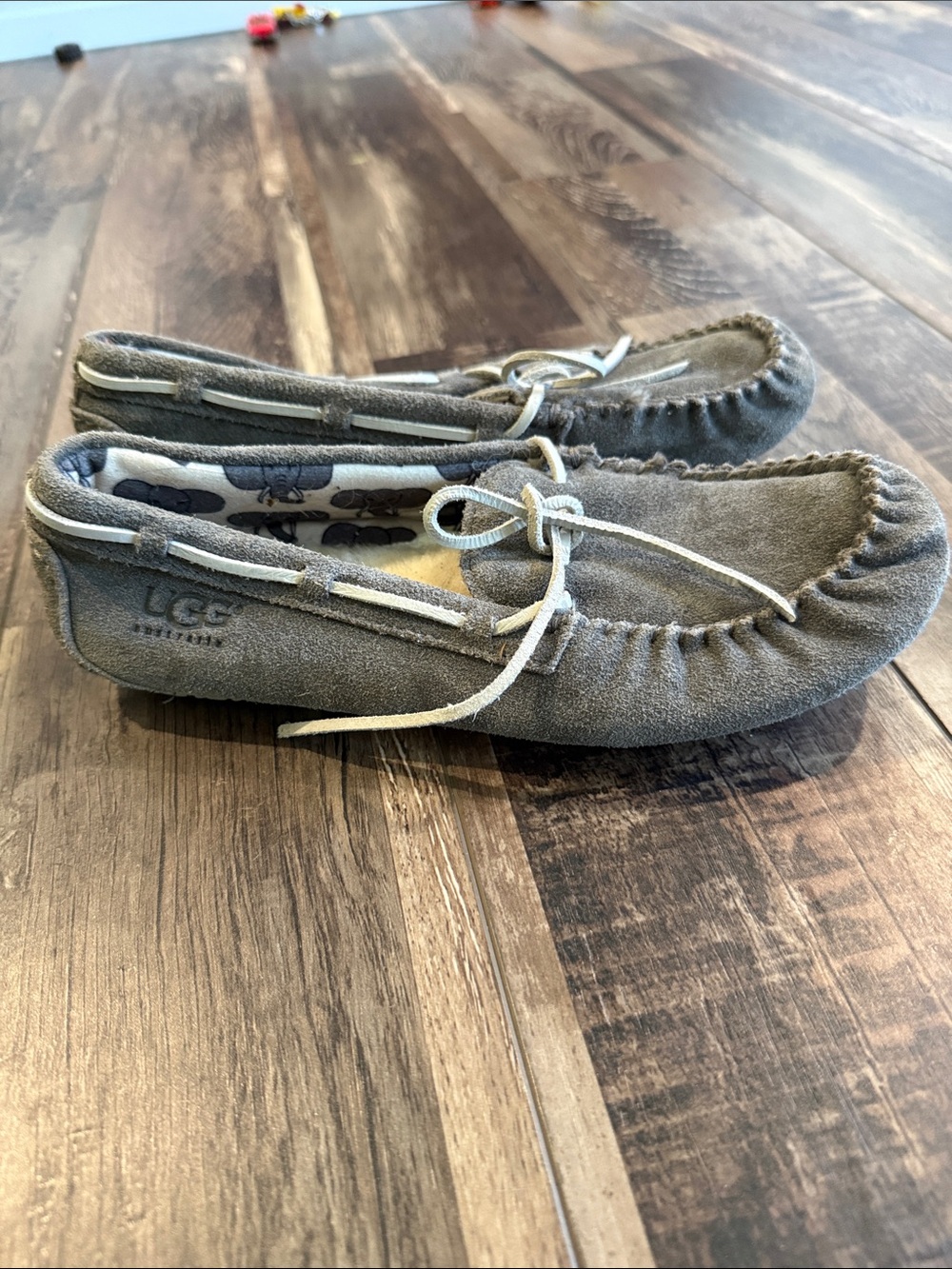UGG Kids Gray Suede Moccasins with Bow Accent